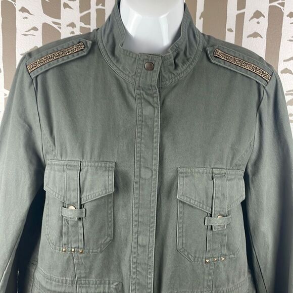 Democracy Olive Green Studded Lace Back Accent Cargo Jacket sz M - Picture 5 of 10